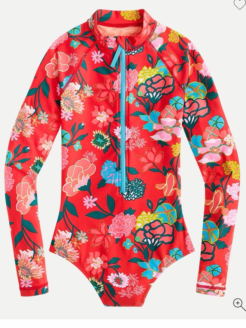 J. Crew Red Floral Long-Sleeve Zip Front One-Piece Swimsuit